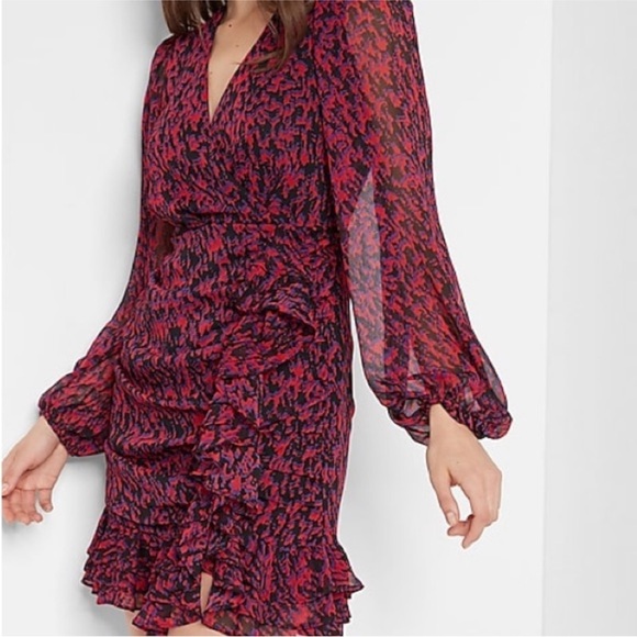 Express Abstract Print Wrap Ruffle Mini Dress - Picture 3 of 4